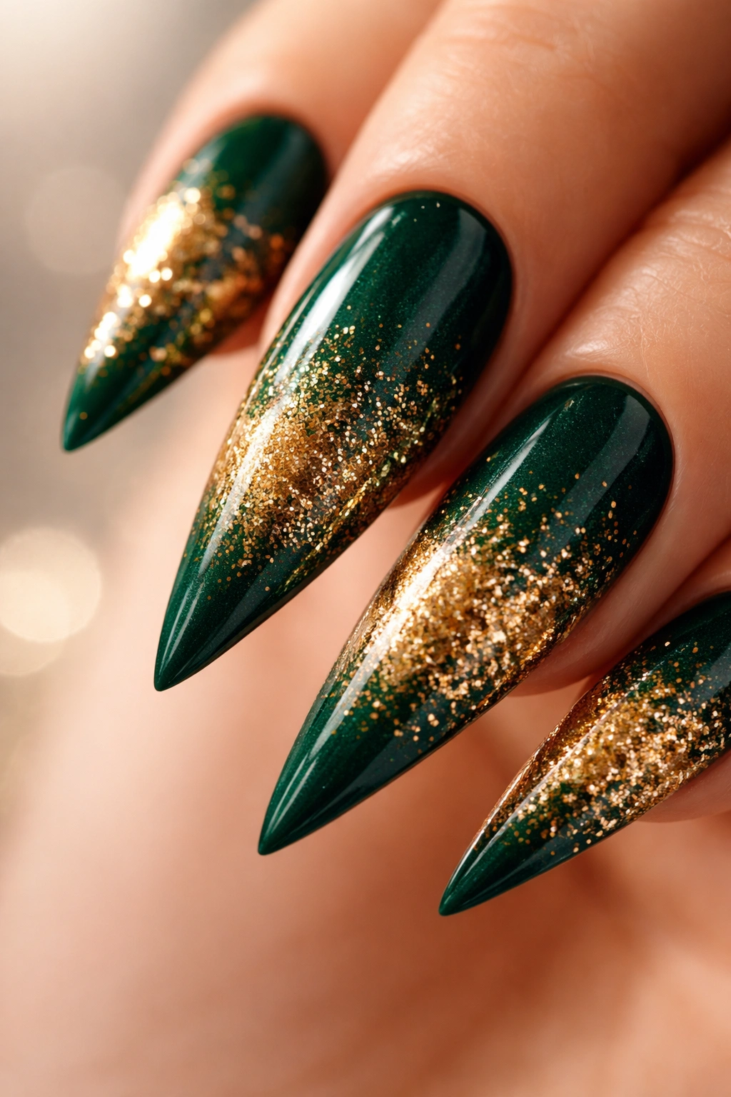 Nail with emerald green base fading to gold glitter gradient