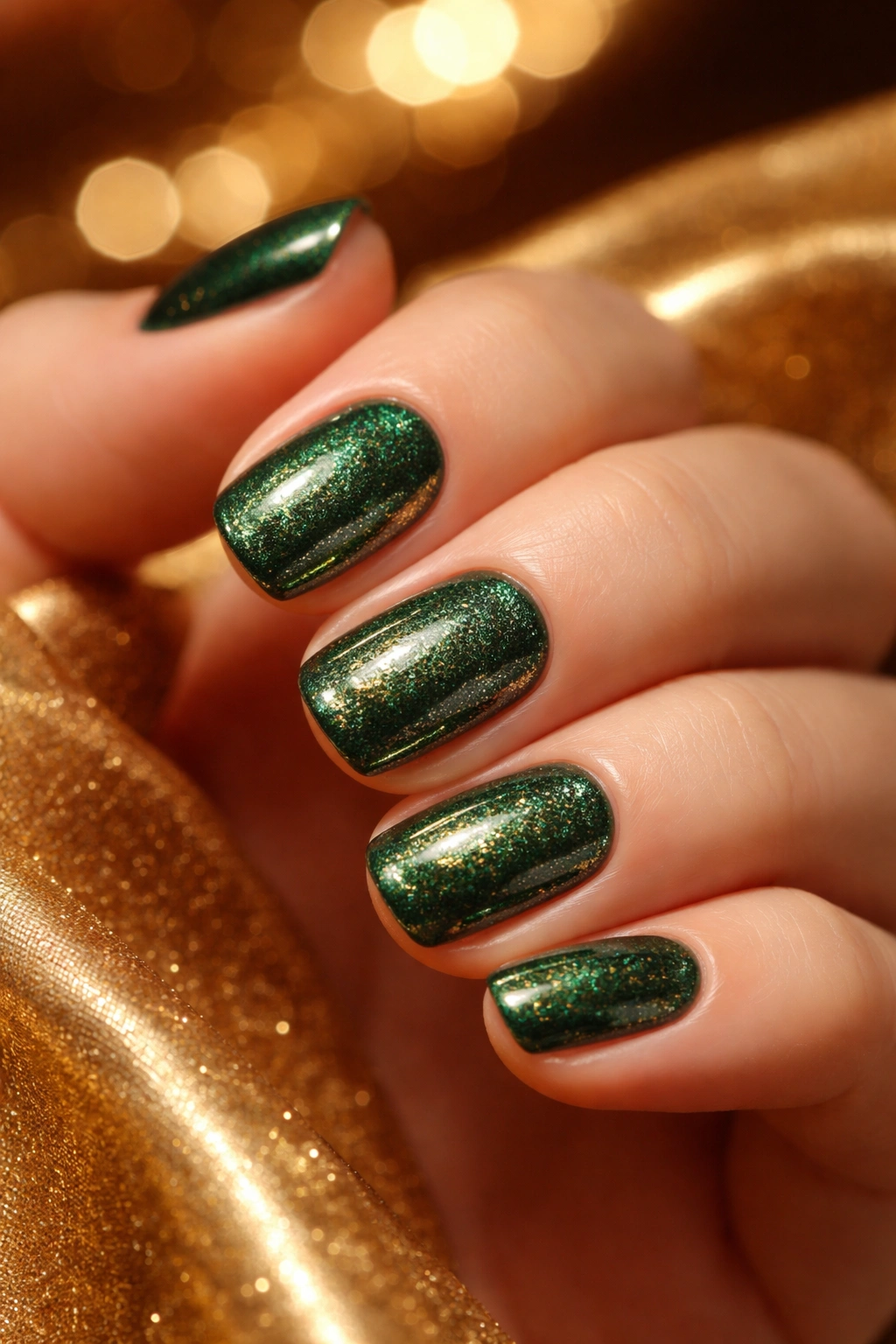Macro shot of emerald green nails with gold glitter dust