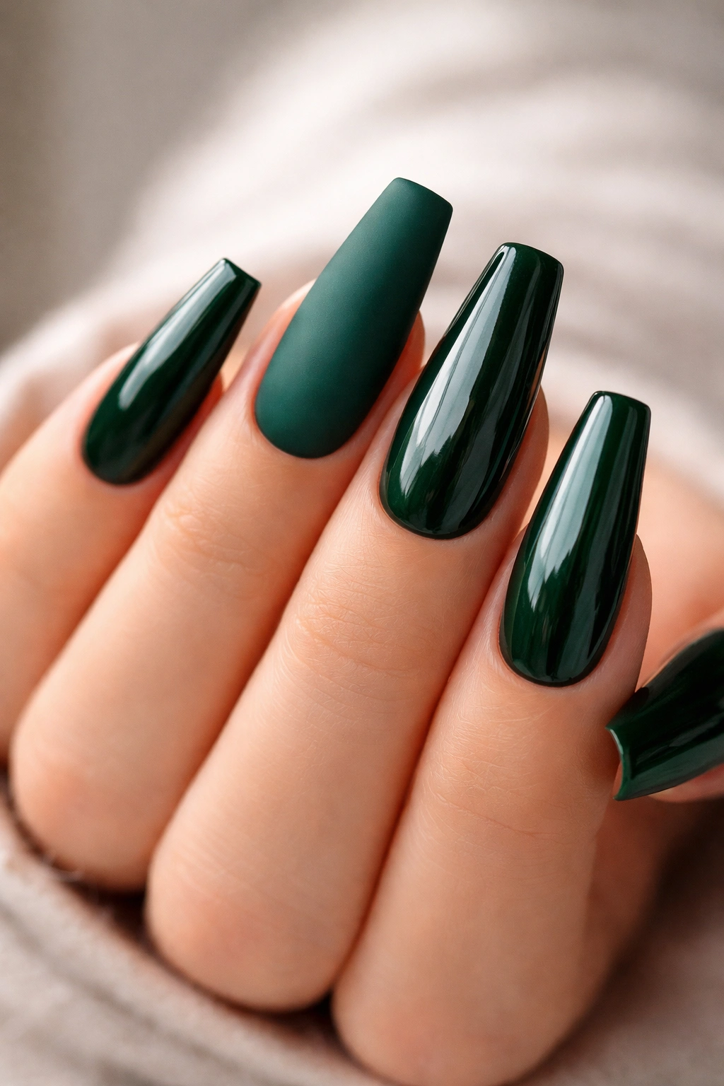 Emerald green coffin nails with matte and glossy finishes