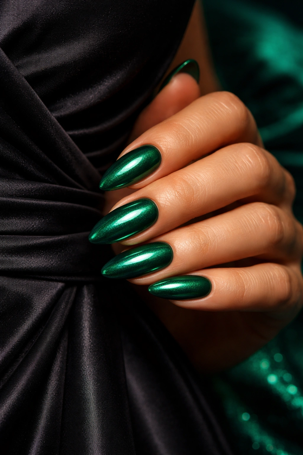 Close-up of emerald green nails with glossy finish