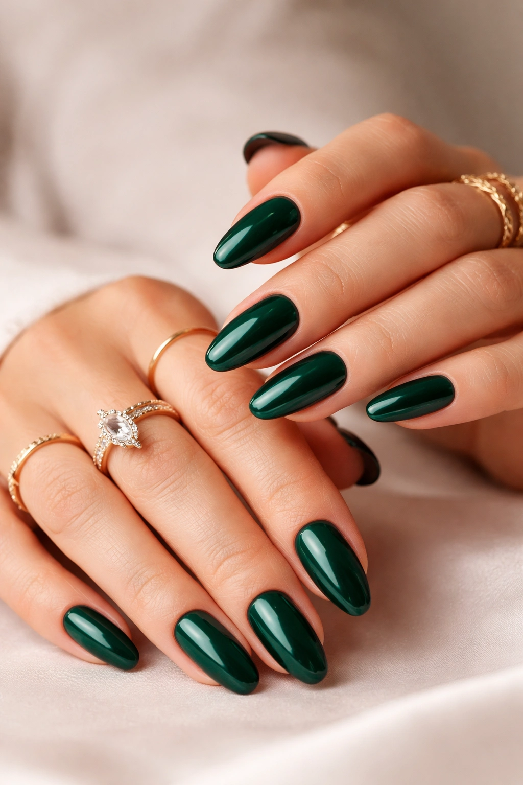Close-up of emerald green nails on hands with rich jewel tone