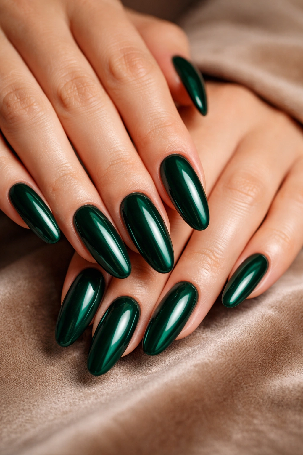 Emerald green oval nails with glossy finish on long nails