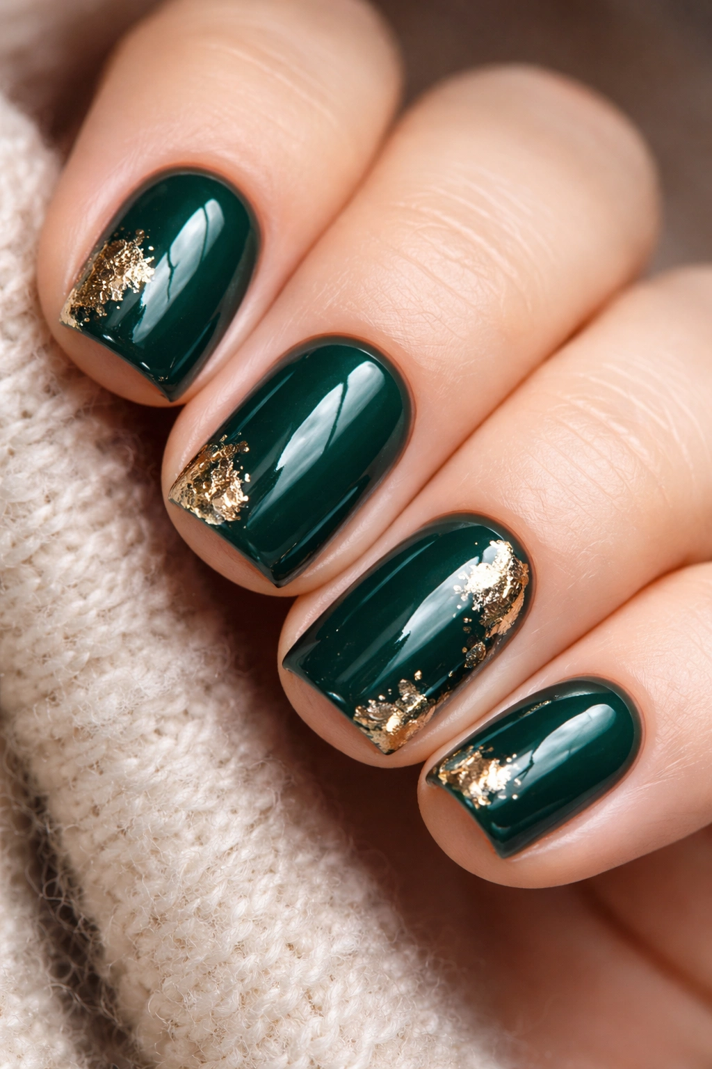 Close-up of emerald green nails with champagne foil accents