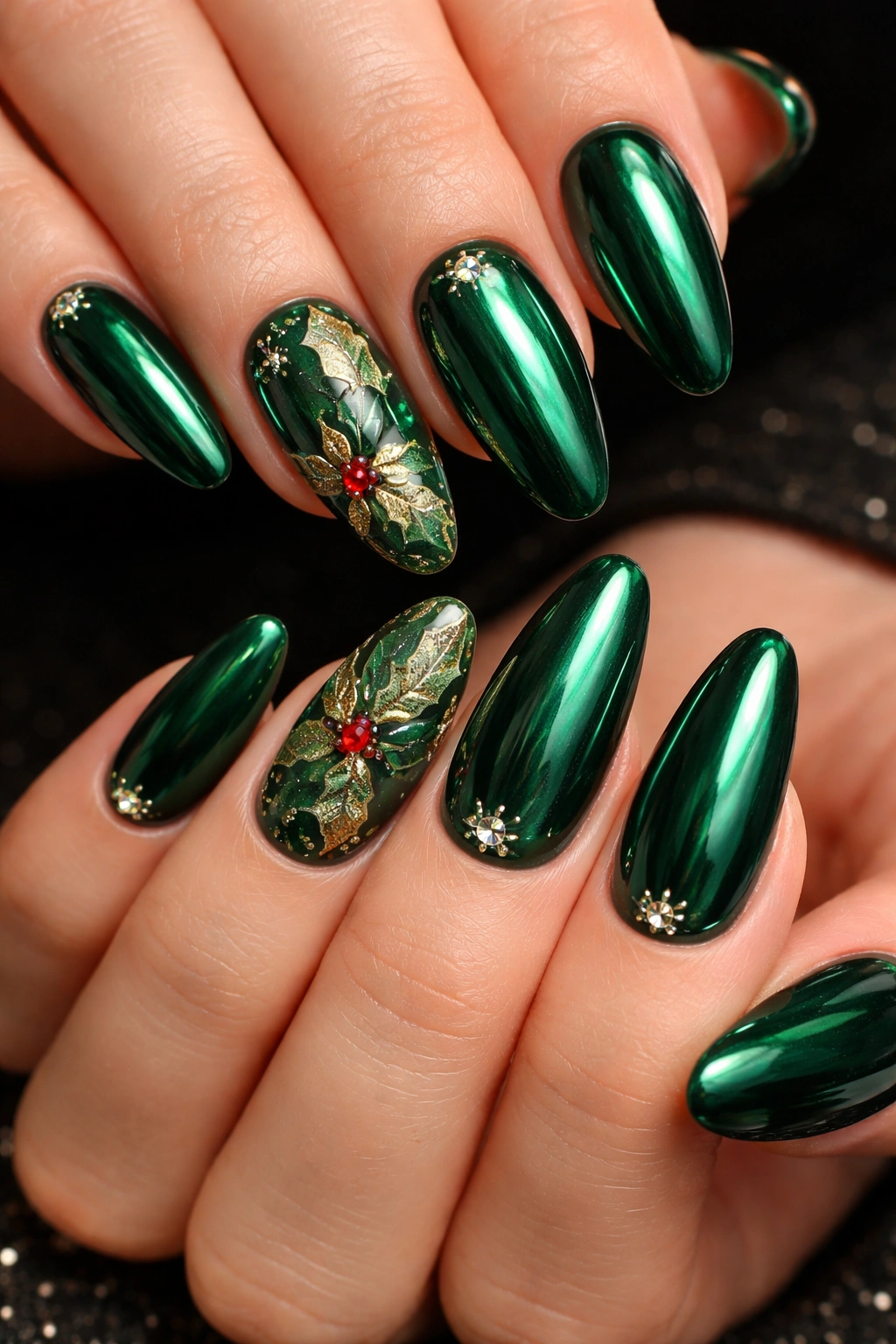 Emerald green chrome nails with holly leaf accents