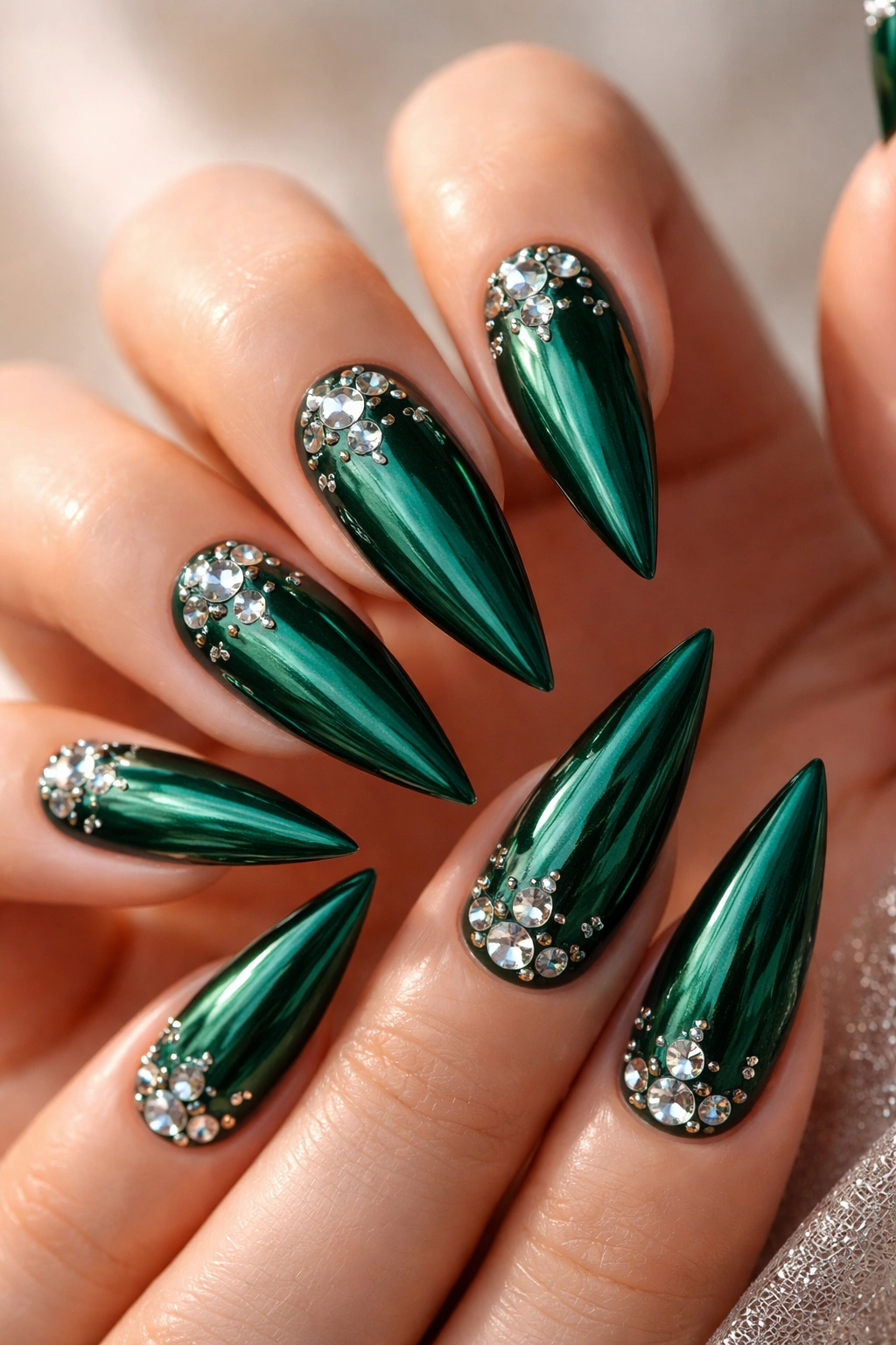 Emerald green stiletto nails with diamond rhinestones on a pale background