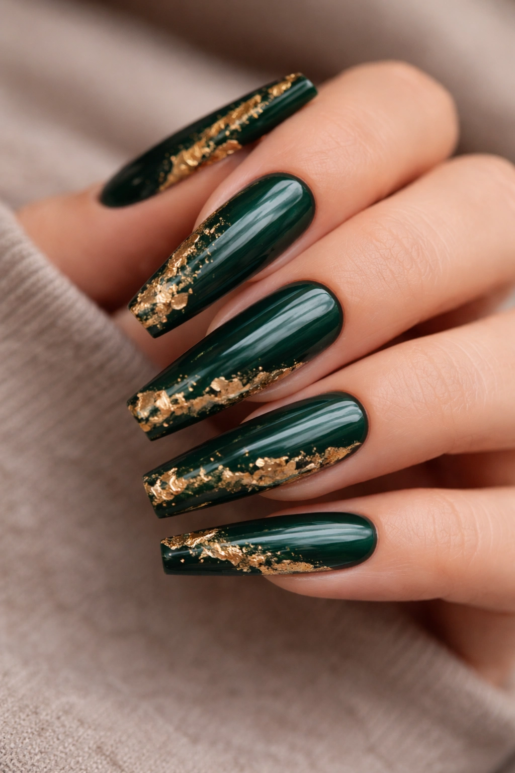 Emerald green coffin nails with gold foil accents