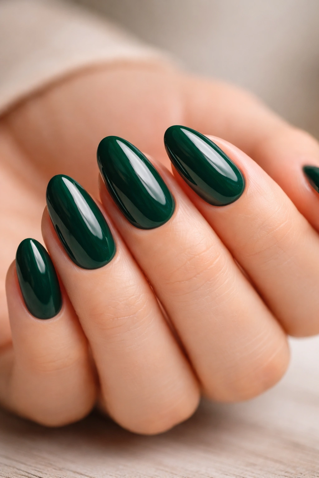 Close-up of short almond emerald green nails with a glassy top coat.