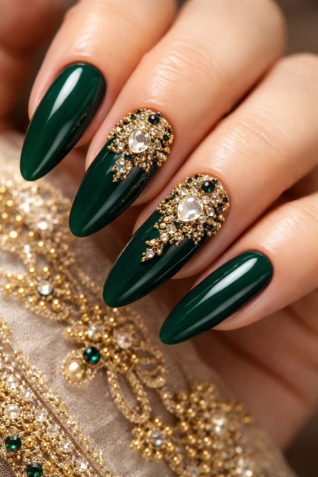 Close-up of emerald green nails with gold embellishments and rhinestones