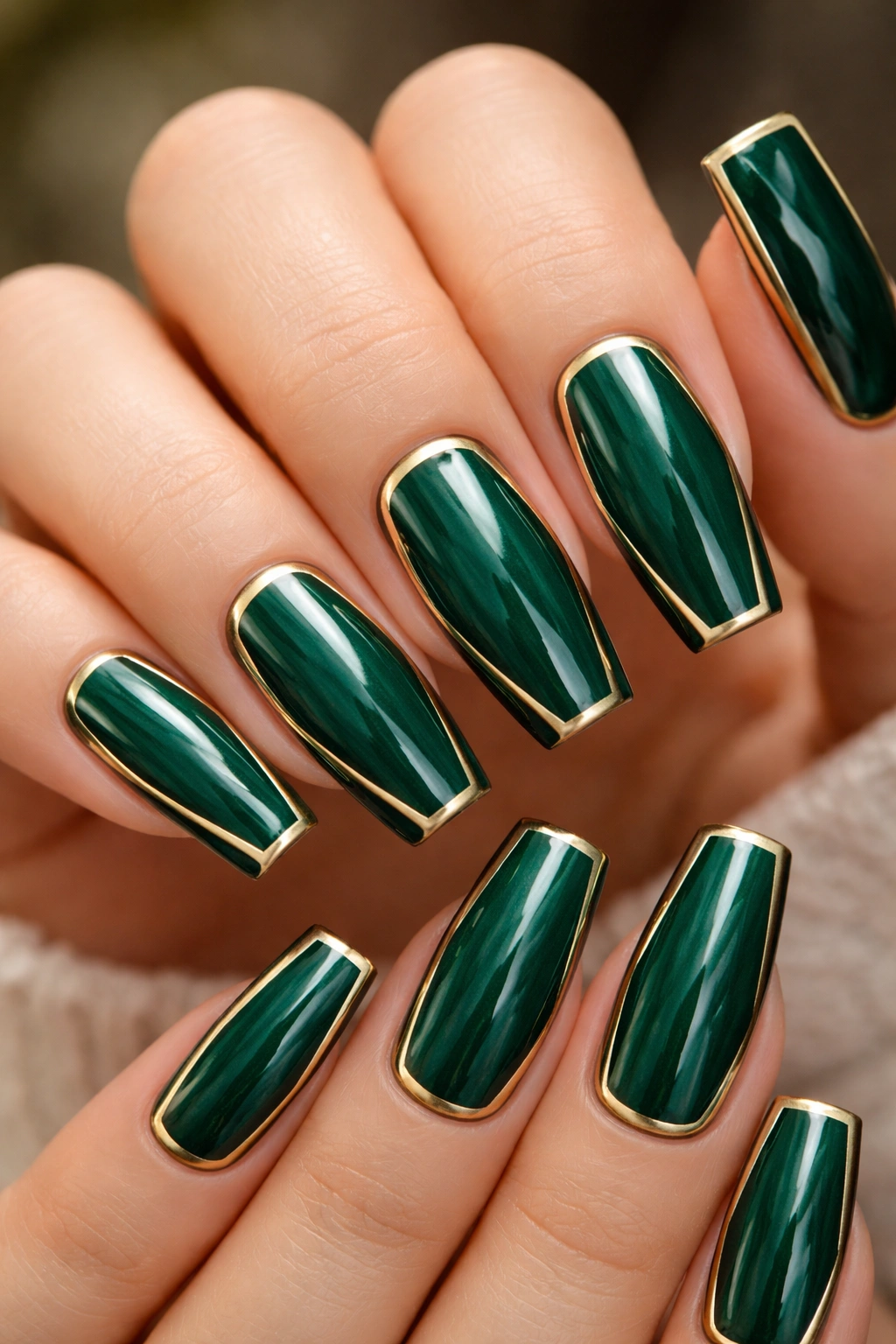 Close-up of emerald green coffin nails with gold geometric frame