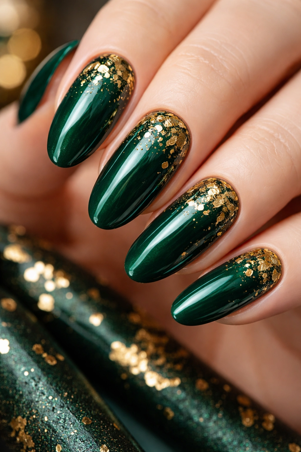 Emerald green nails with gold leaf accents