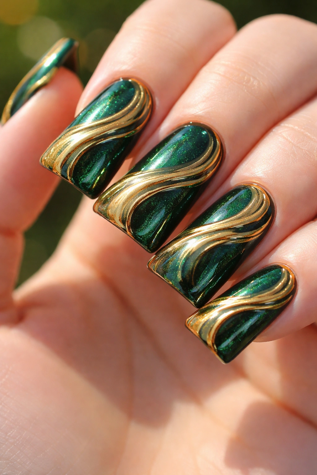 Emerald green nails with liquid gold swirls