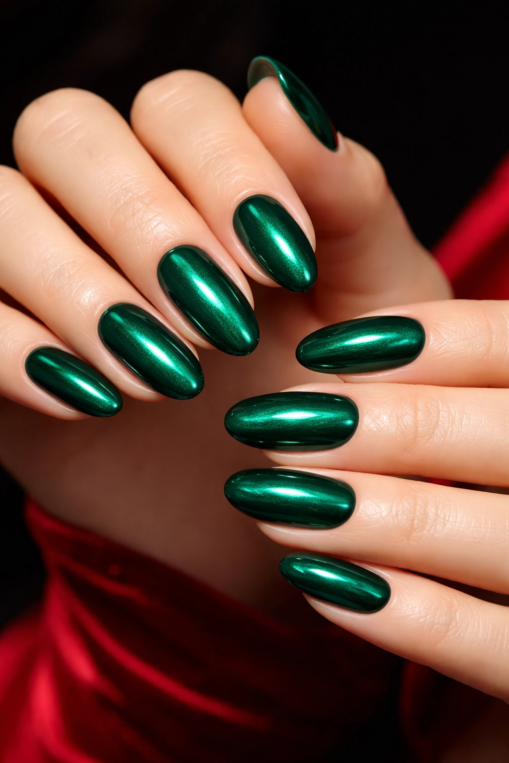 Close-up of emerald green nails on fingers with jewel-tone finish