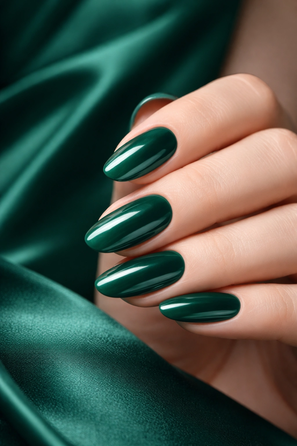 Close-up of emerald green nails with a glossy finish on a neutral background