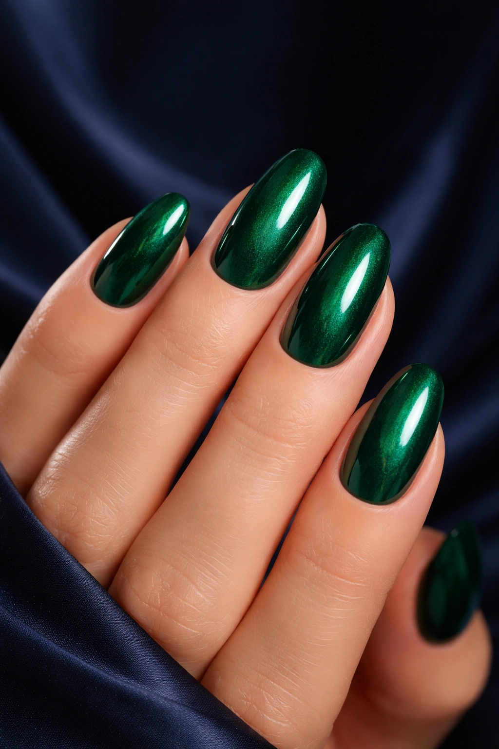 Close-up of emerald green nails against a dark navy background