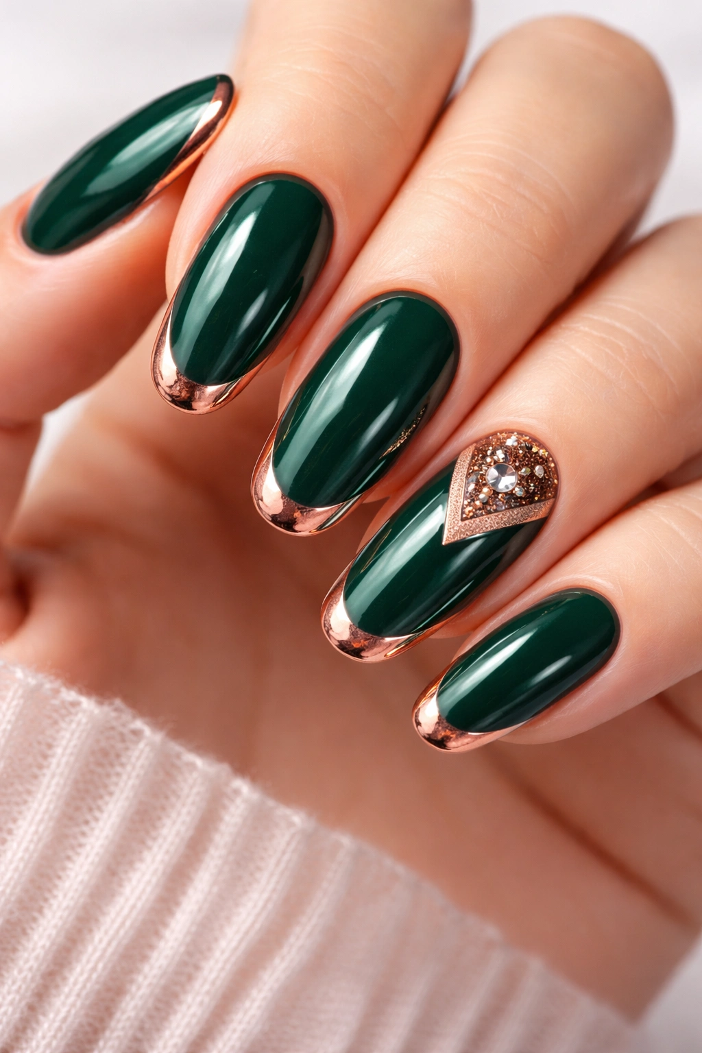 Close-up of emerald green nails with rose gold accents