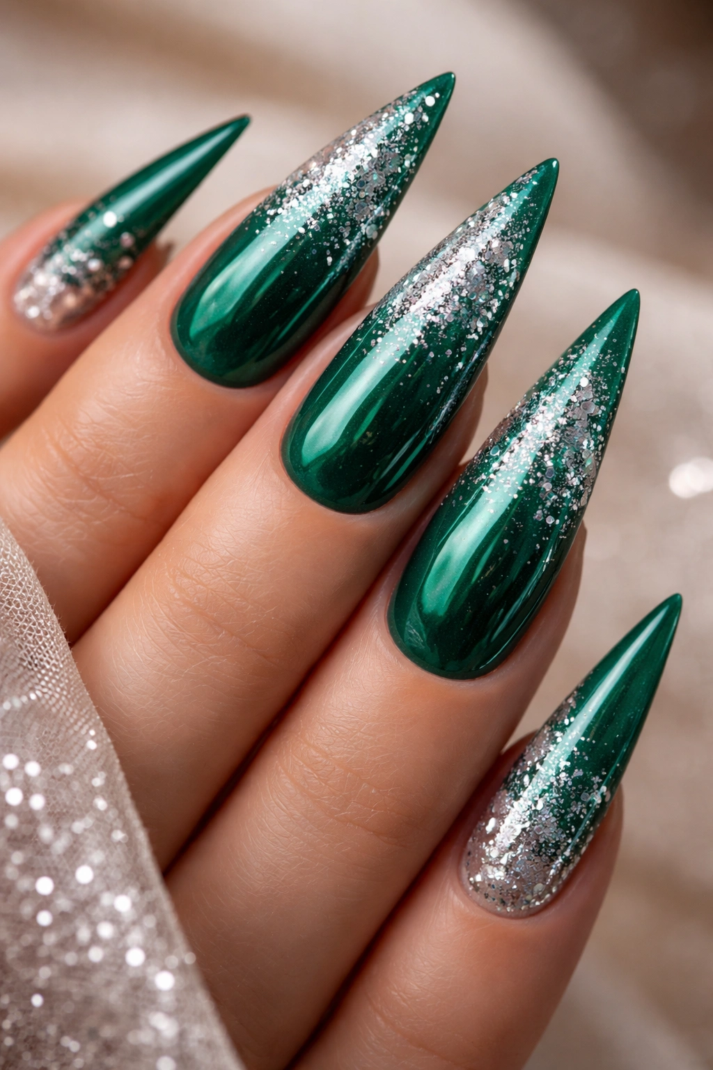Emerald green stiletto nails with silver sparkle accents