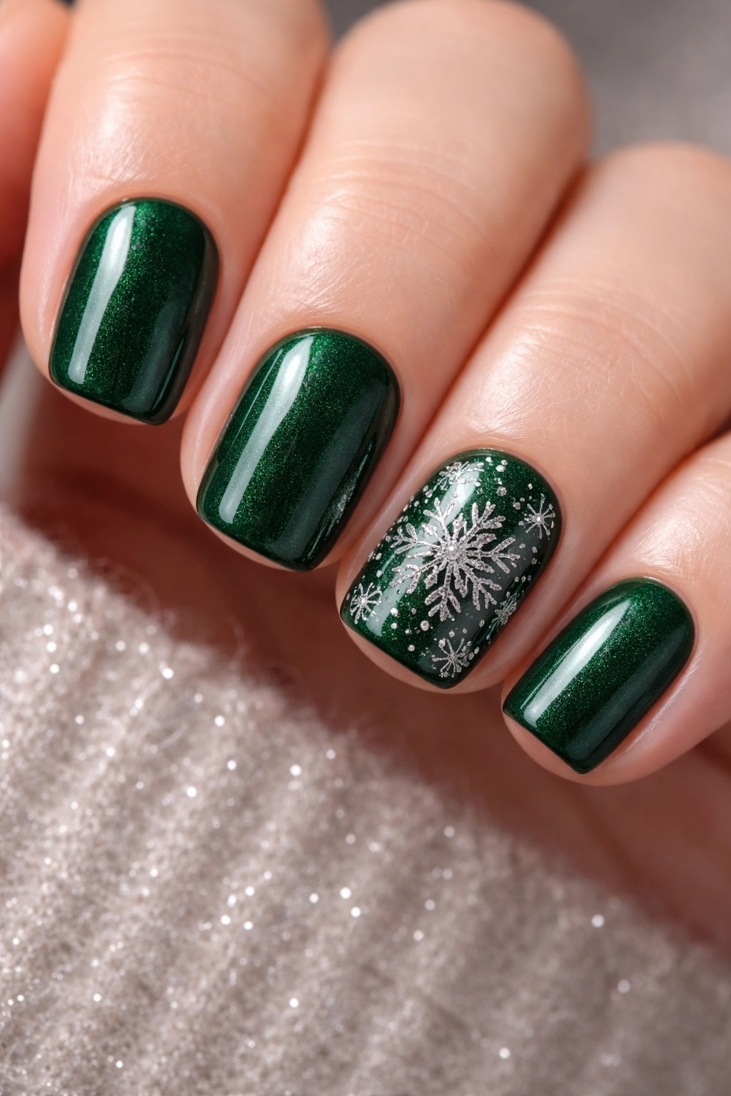 Emerald green nails with silver snowflake details on a plain backdrop