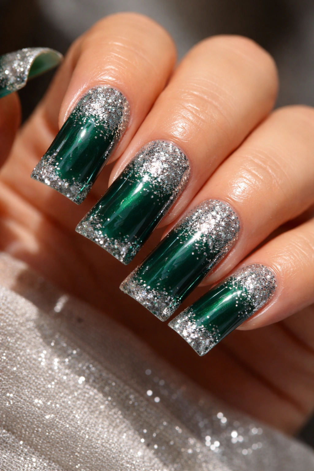 Duck nails with emerald green base and silver glitter accent on upper half