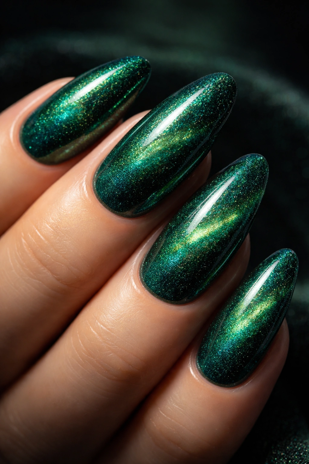 Close-up of emerald green velvet nails with teal and gold-green shimmer