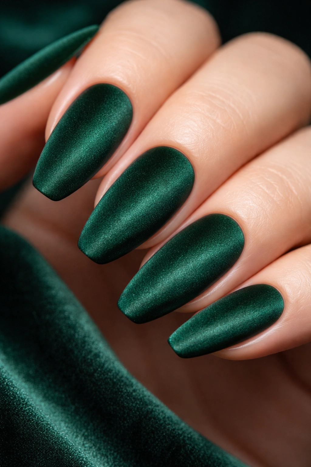 Close-up of emerald green velvet nails with a matte, textured finish