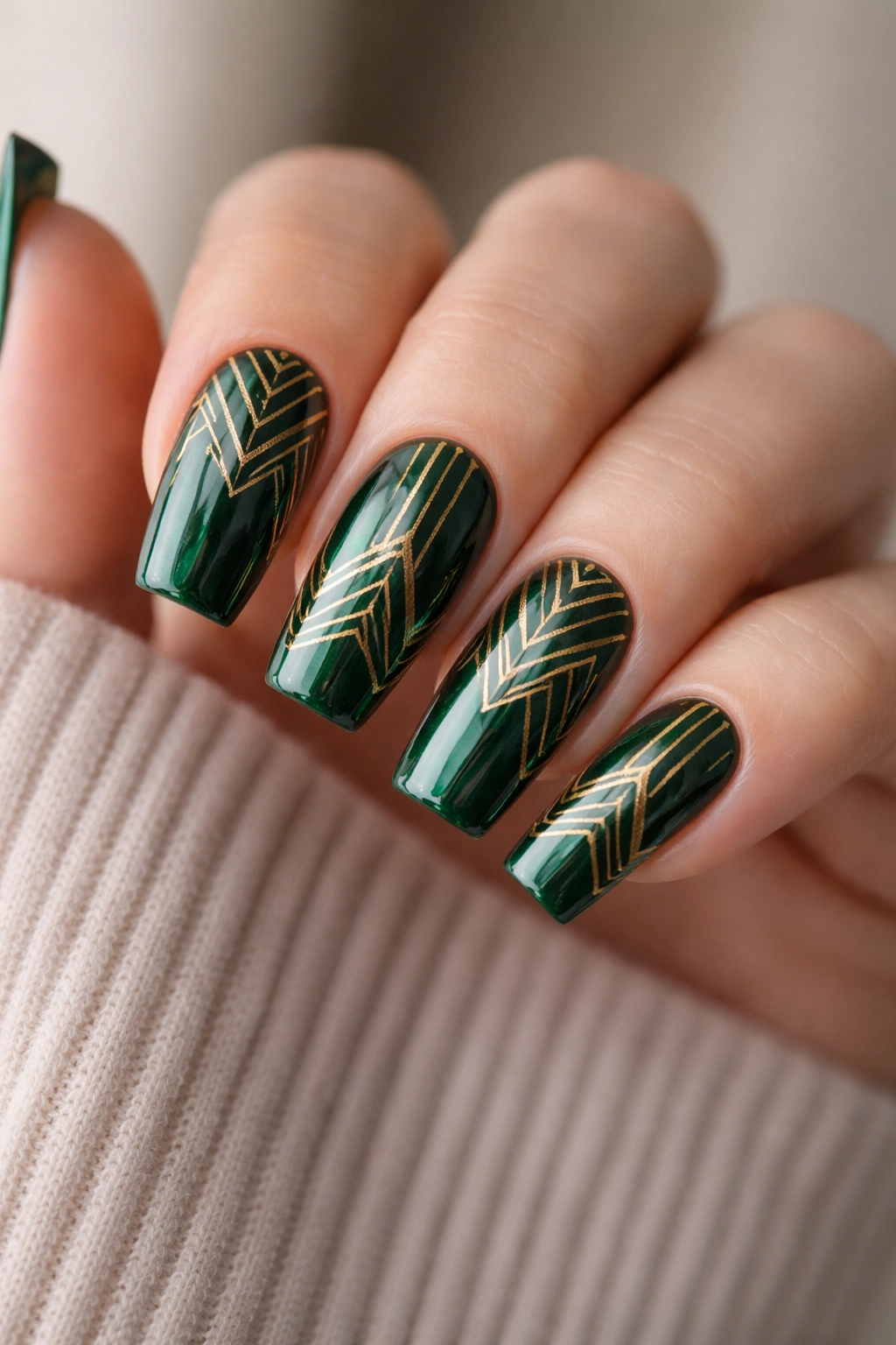 Close-up of emerald green coffin nails with gold geometric wraps