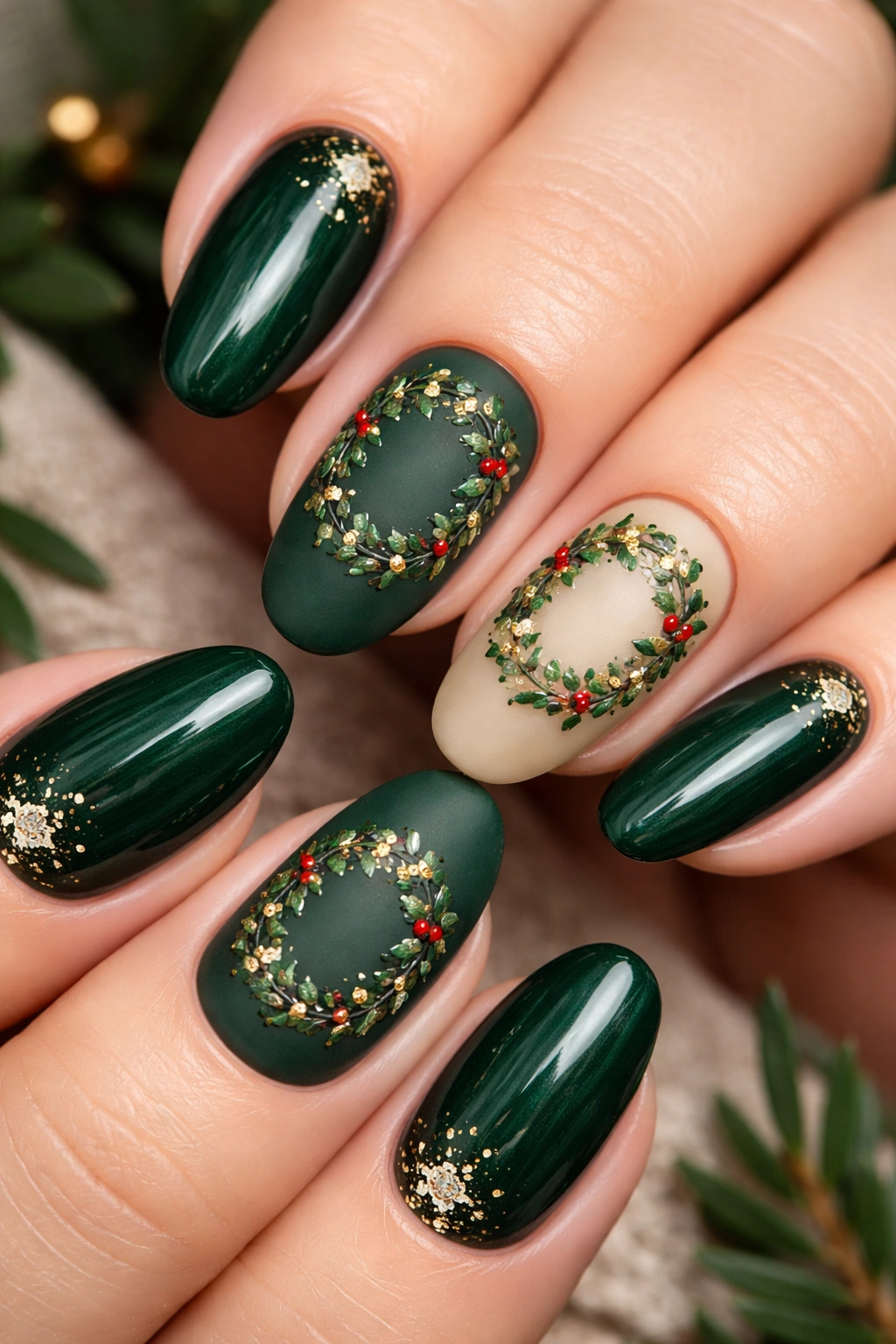 Emerald green nails with wreath art and red berries
