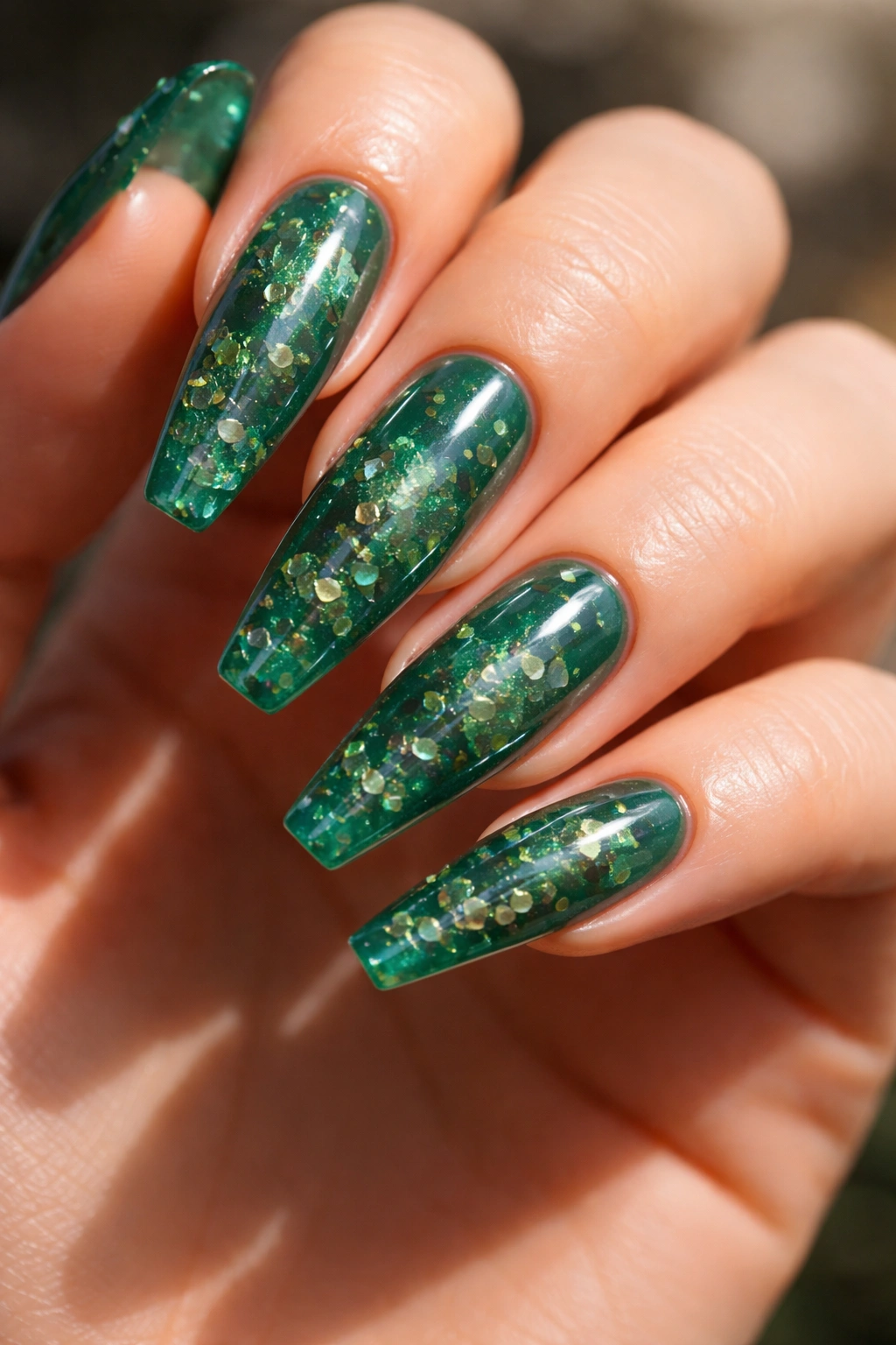 Close-up of translucent emerald jelly nails with embedded metallic flakes