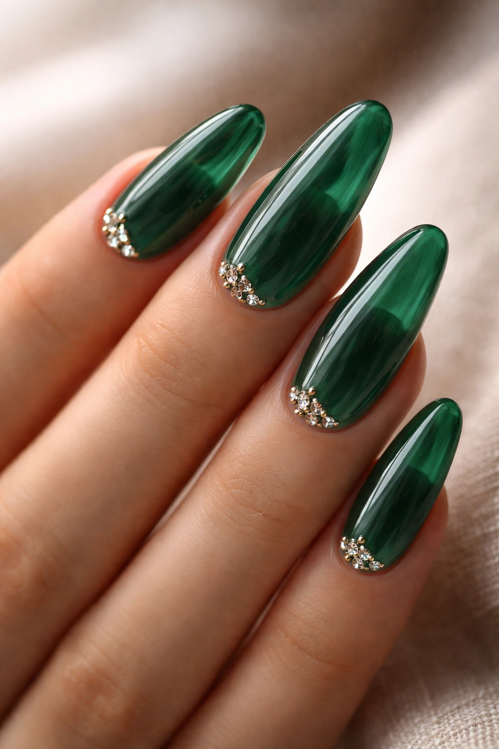 Emerald jelly nails with minimal cuticle gems on a hand