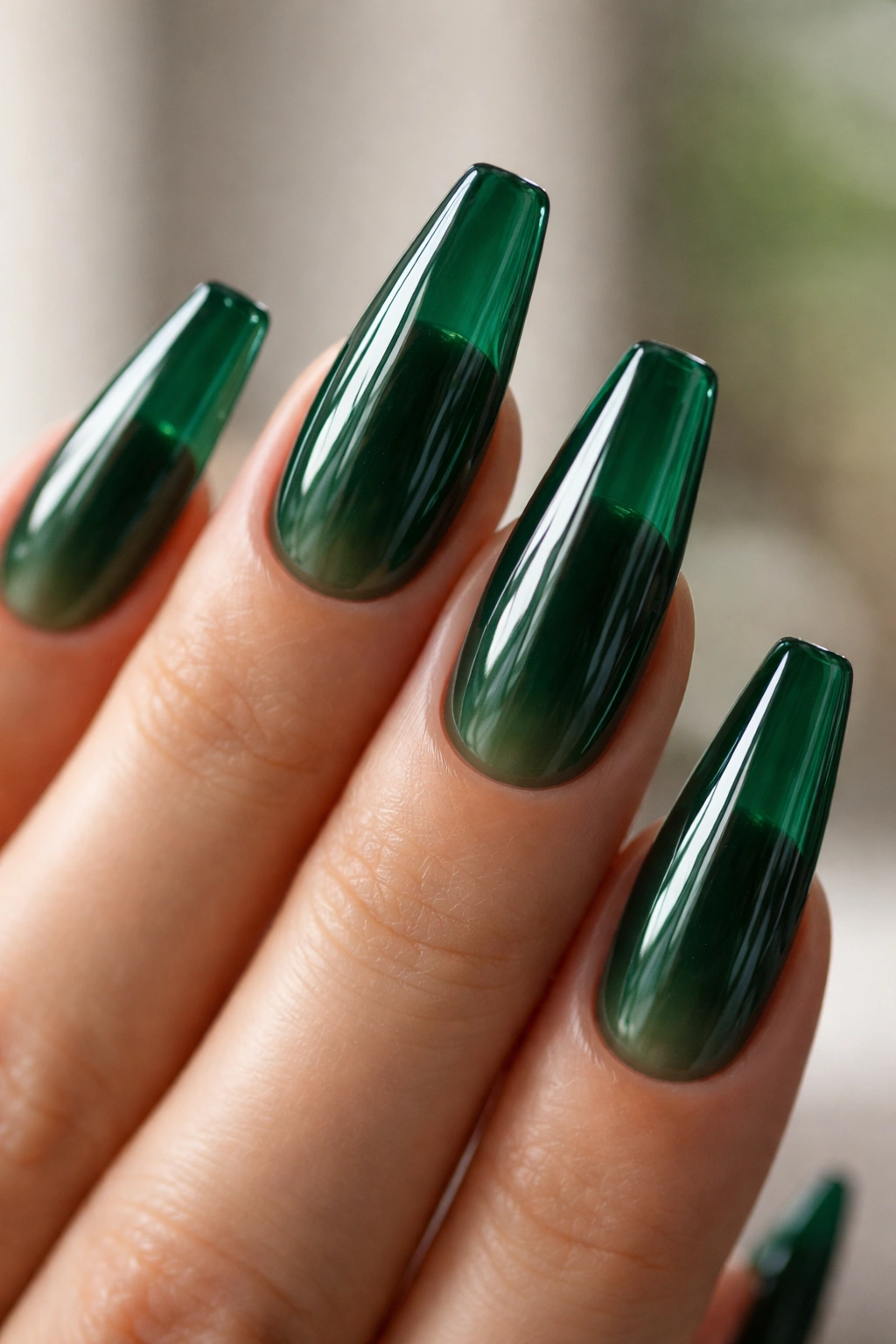 Emerald jelly nails showing depth and translucency on ballerina nails