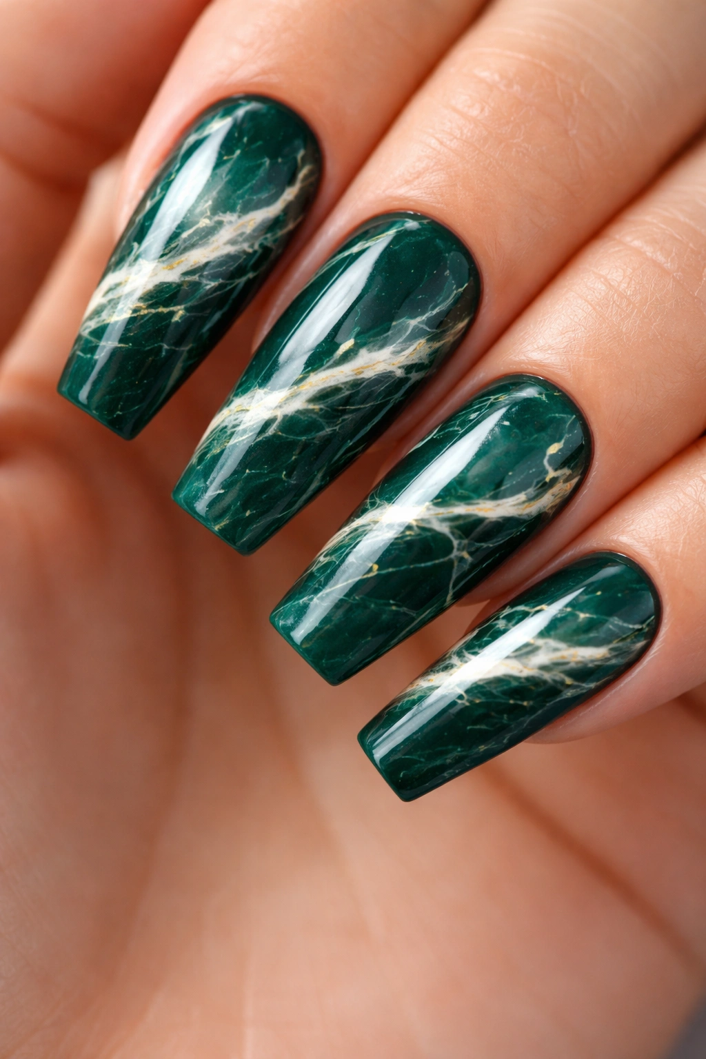 Emerald coffin nails with white and cream marble veining