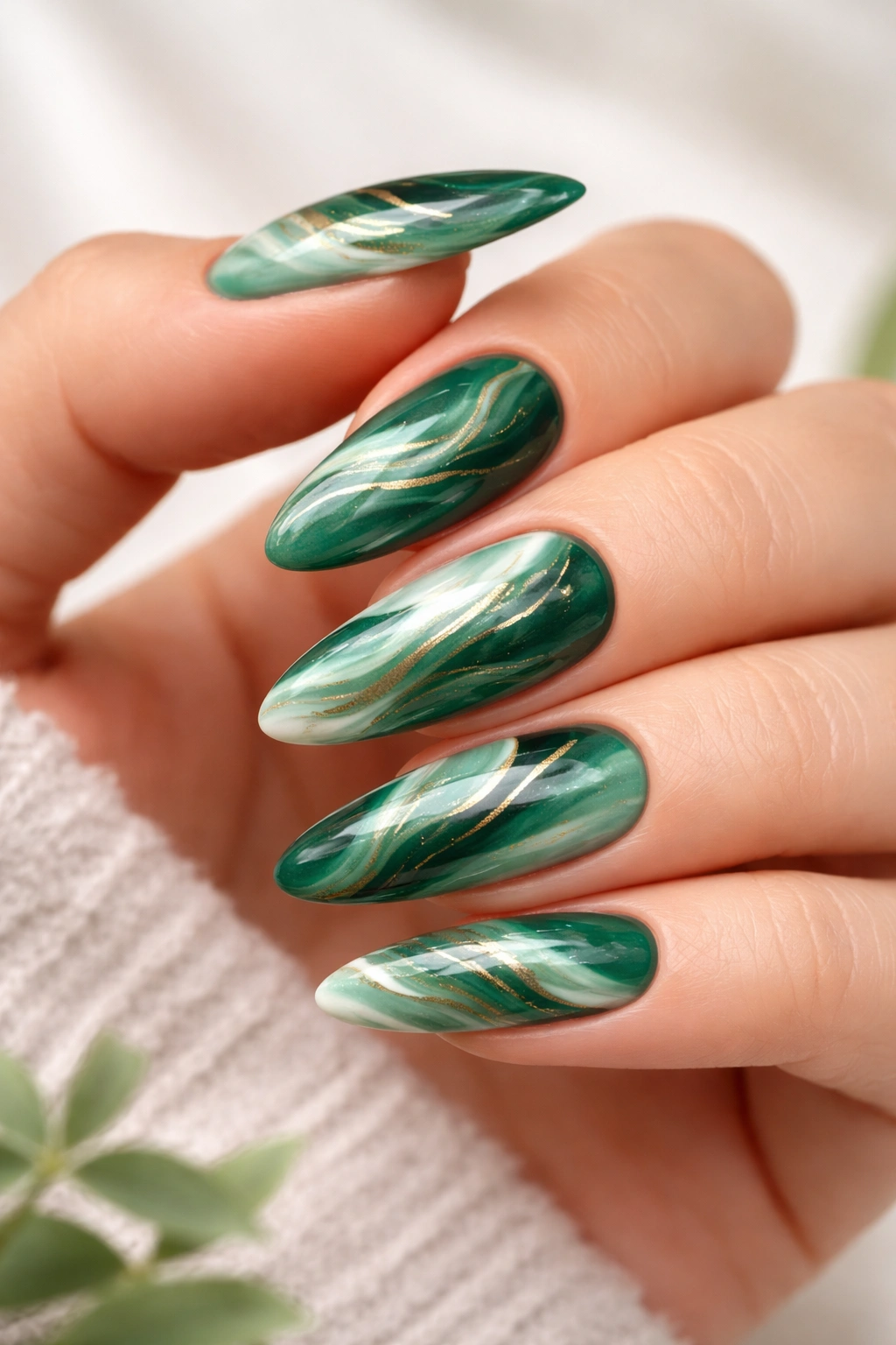 Emerald marble nails close-up with white and sage swirls on almond-shaped nails, glossy finish