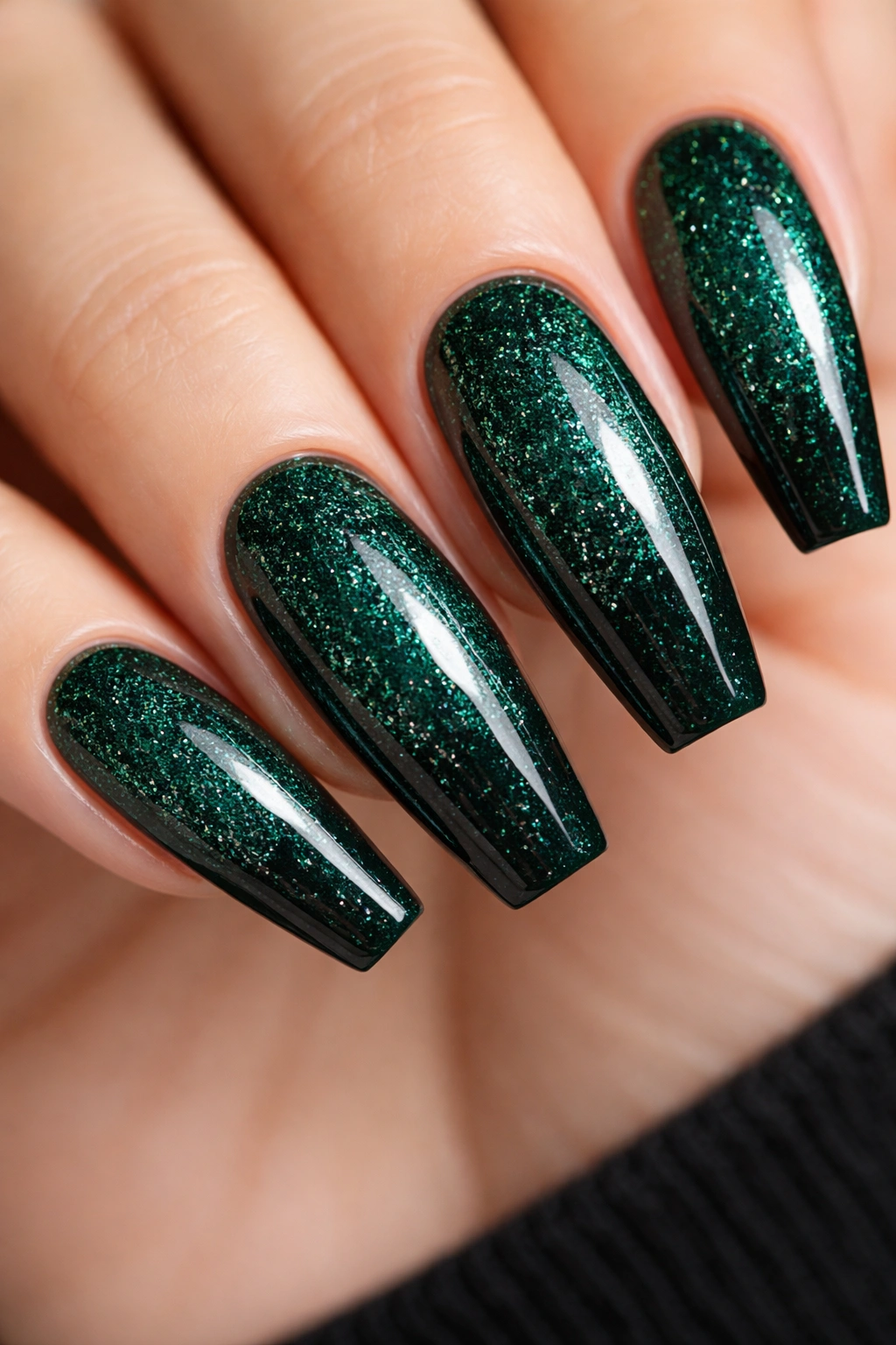Close-up of dark green nails with fine emerald micro-glitter under a glossy top coat