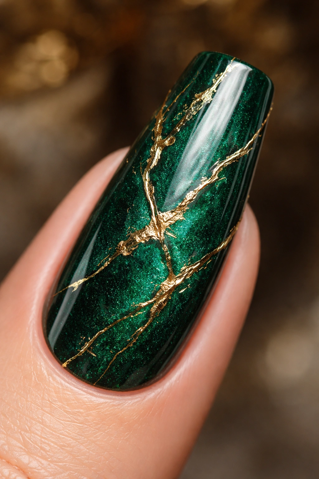 Emerald green coffin nail with gold leaf veining close-up