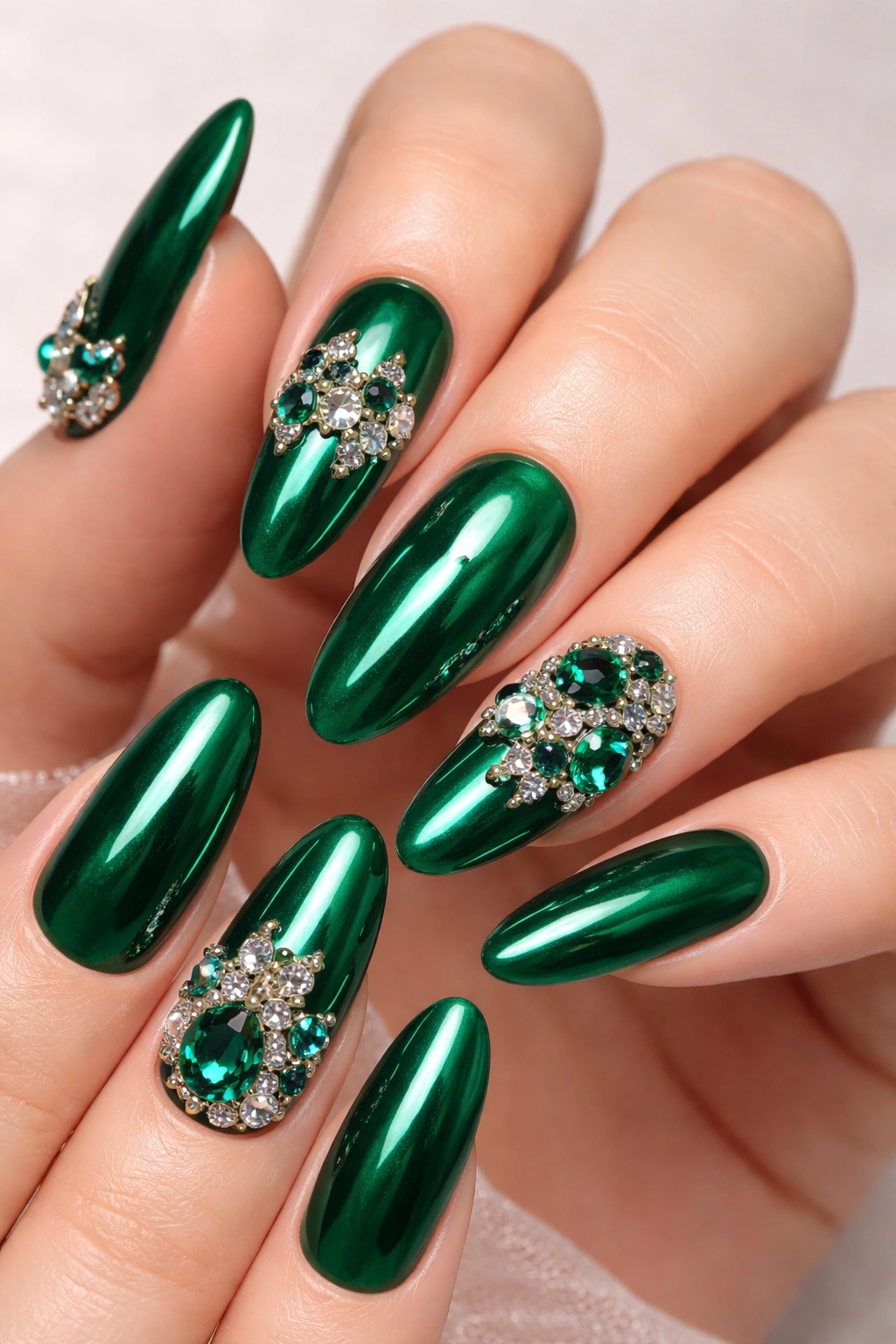 Close-up of emerald green nails with 3D gemstone clusters on long ovals
