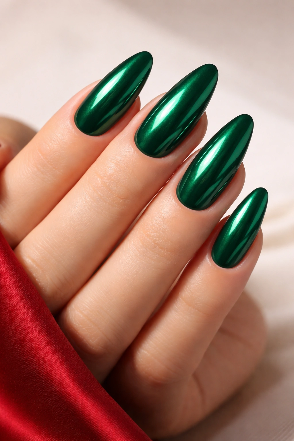 Close-up of emerald green nails on a hand with a neutral background