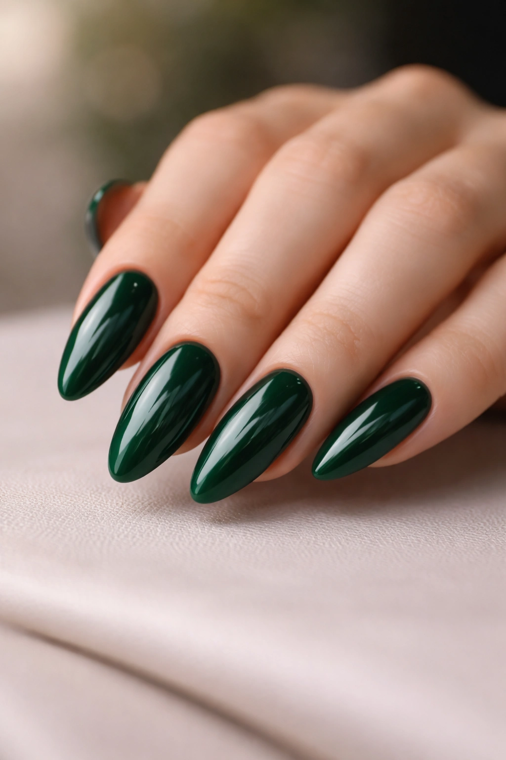 Close-up of emerald green almond nails with glossy finish on neutral background