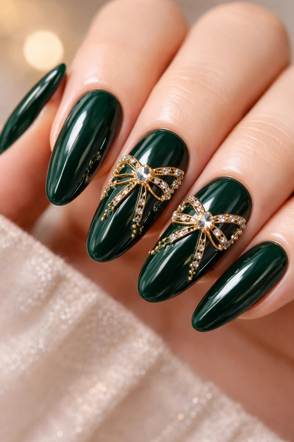 Close-up of long oval emerald nails with gold bows and rhinestones on a manicure.