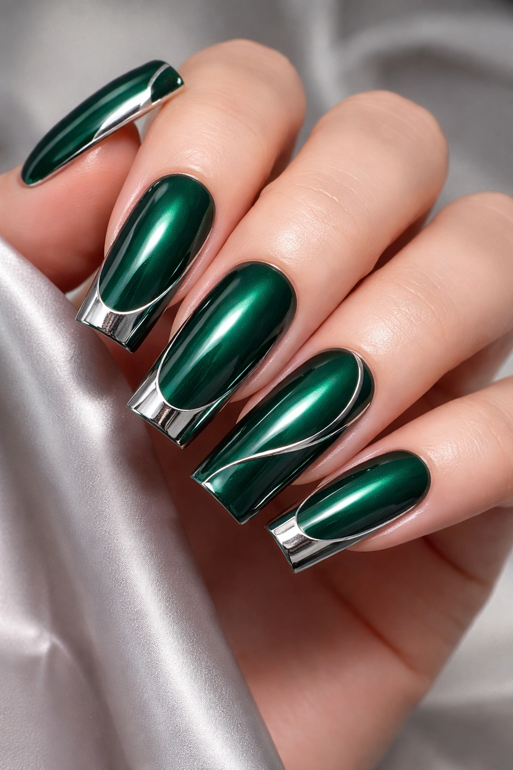 Close-up of emerald green squoval nails with chrome accents
