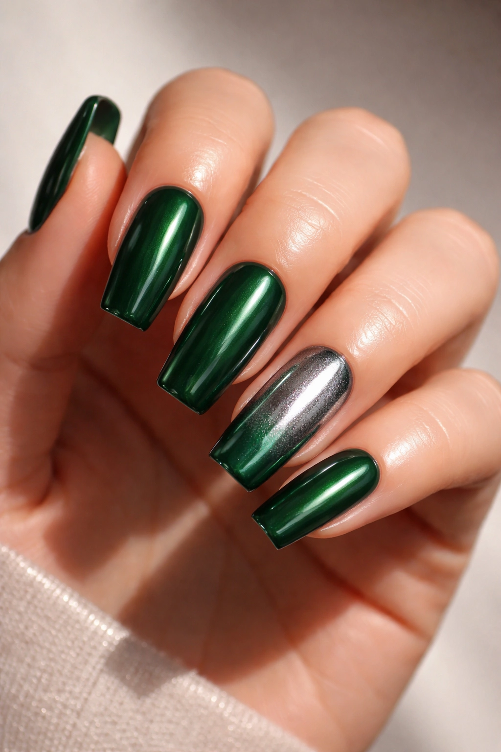 Emerald green nails with chrome accent on one nail, long rounded-square nails