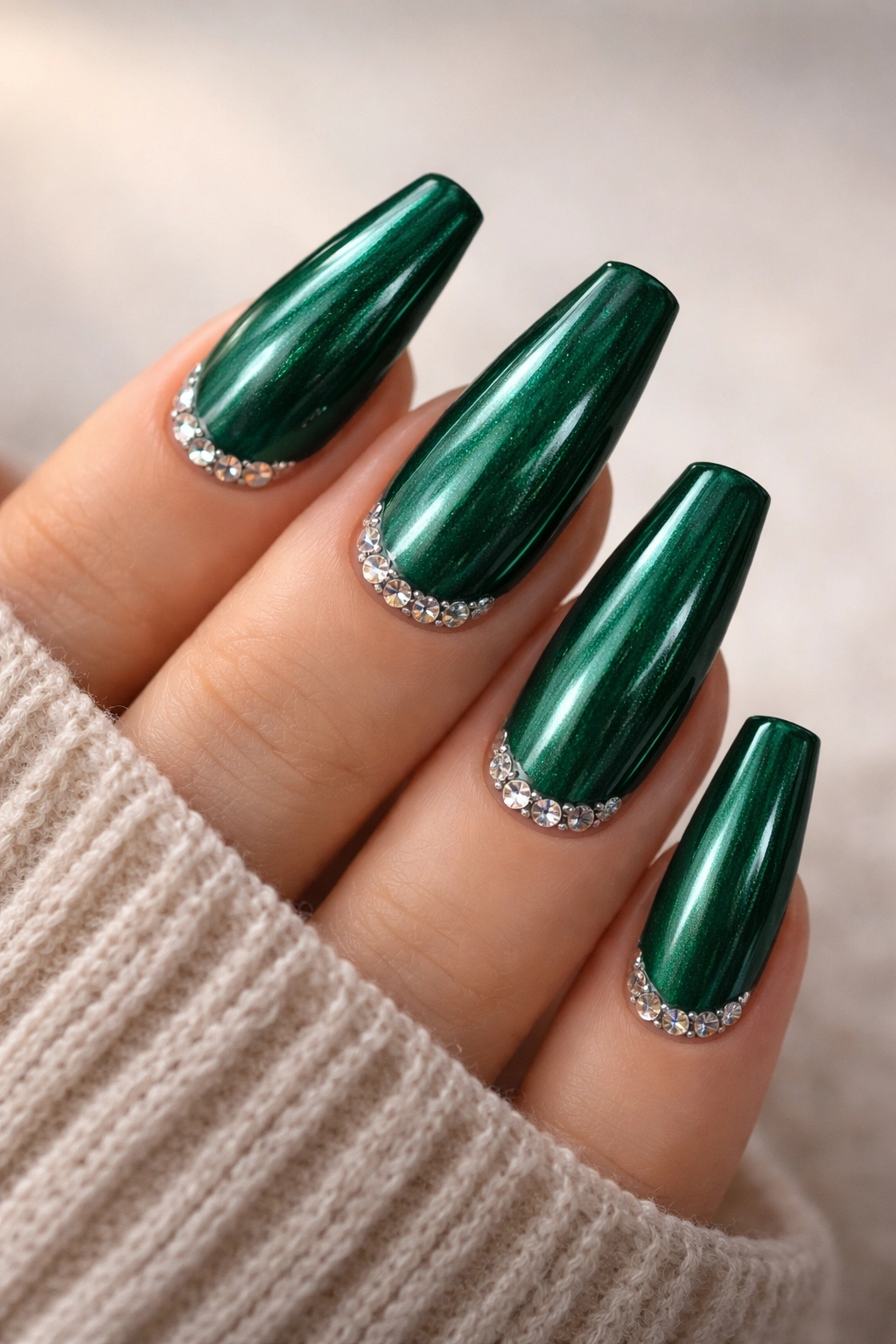 Emerald green ballerina nails with crystals at the corners on a neutral background