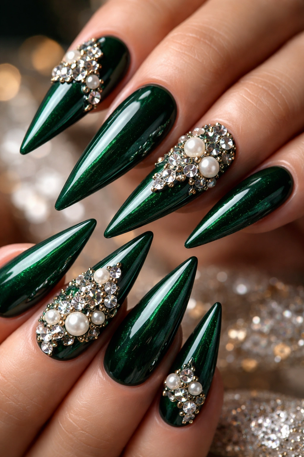 Close-up of emerald green stiletto nails with crystals and pearls