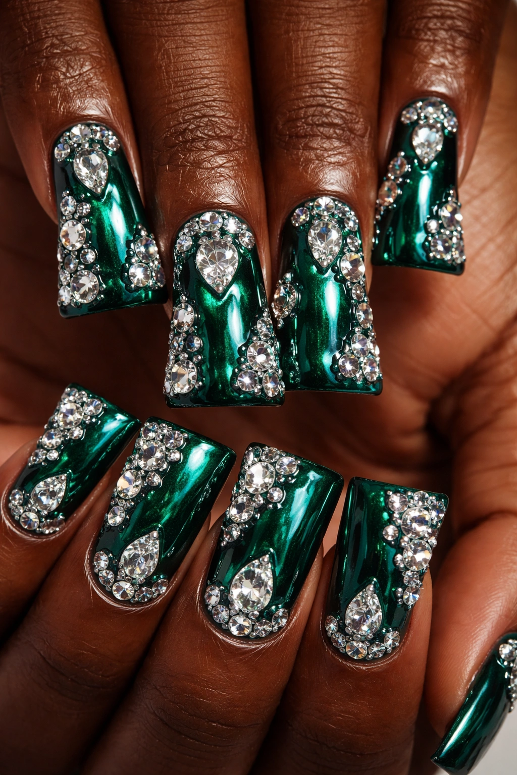 Duck nail tip in emerald green with diamond rhinestones on a neutral background