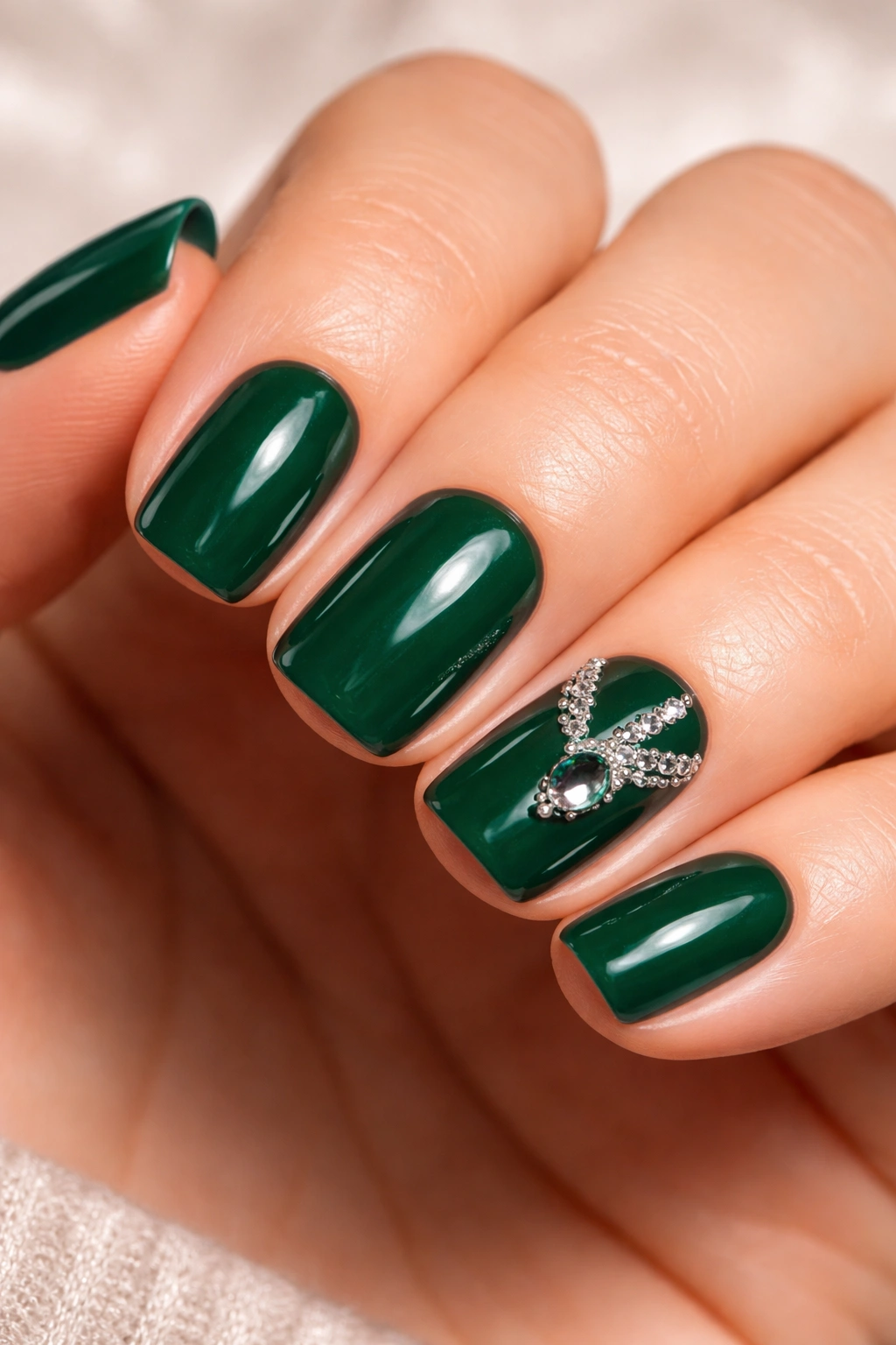 Emerald green nails with diamond details on squoval nails.