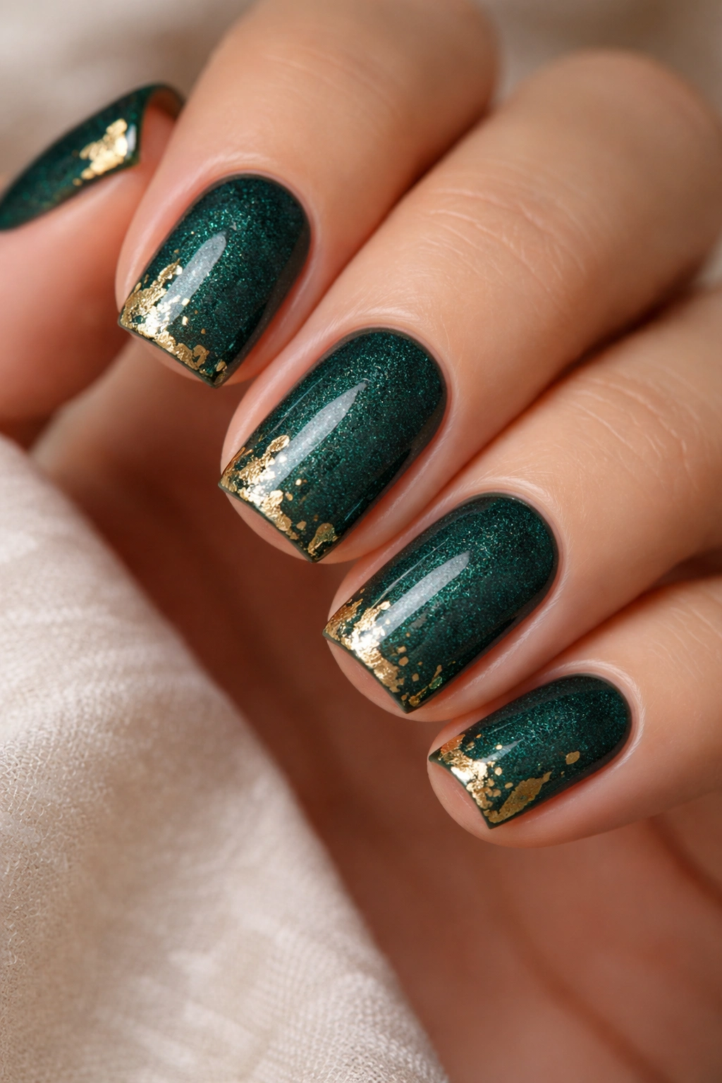 Close-up of emerald squoval nails with gold foil accents