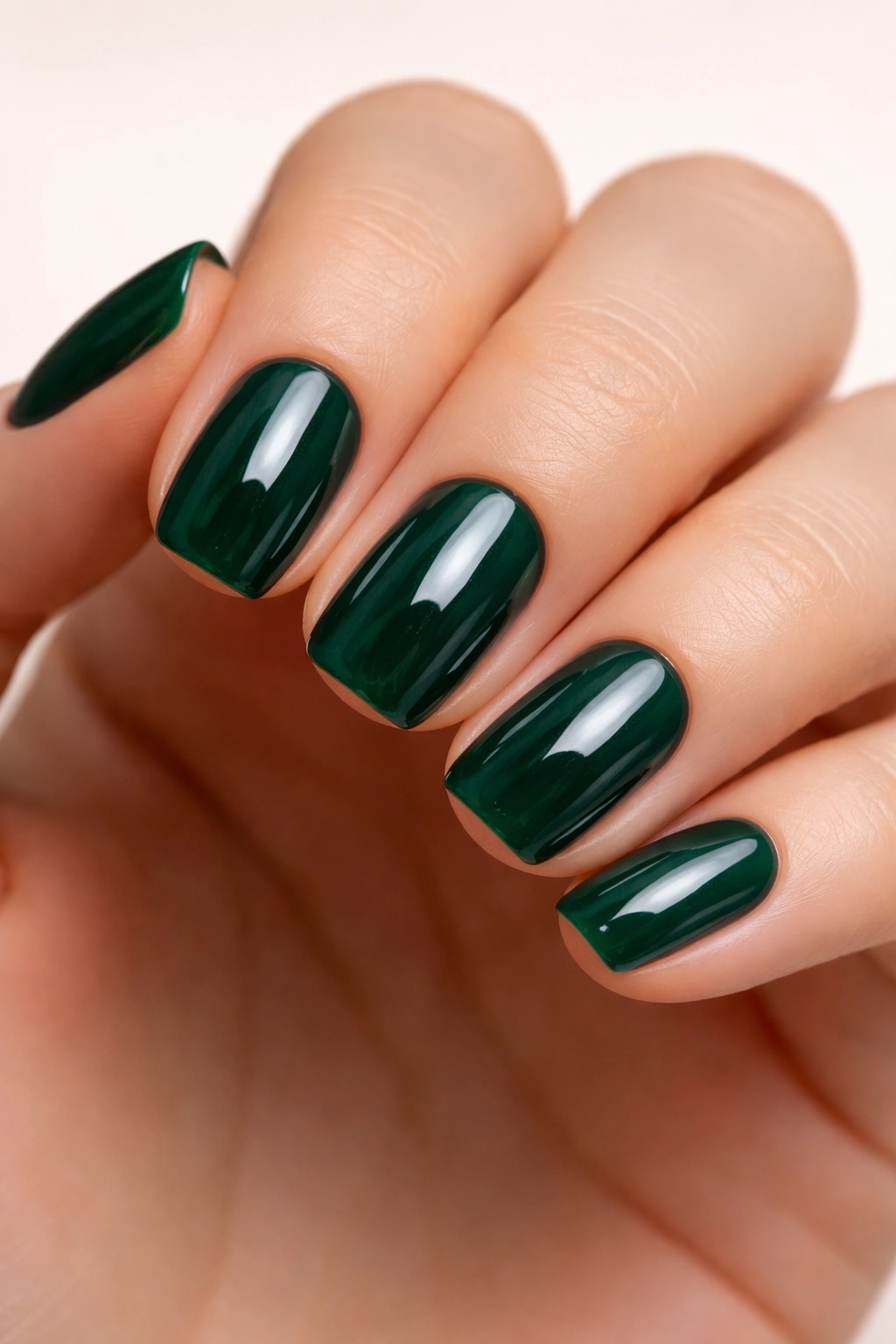 Close-up of short squoval nails in emerald green gel polish with glossy finish