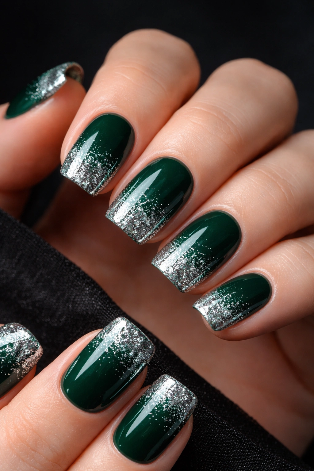 Emerald green nails with a silver glitter gradient on short squoval nails