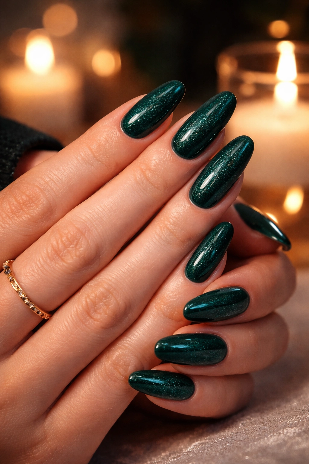 Close-up of deep emerald long oval nails with subtle glitter under candlelight
