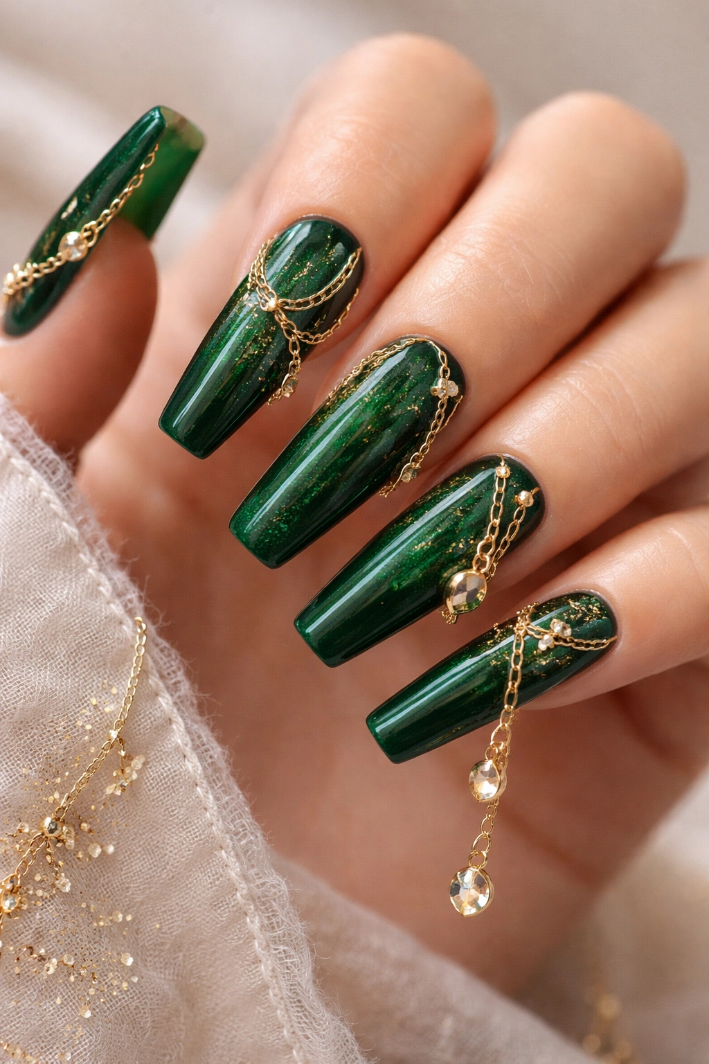 Close-up of emerald nails with gold chain charms and delicate gold flakes