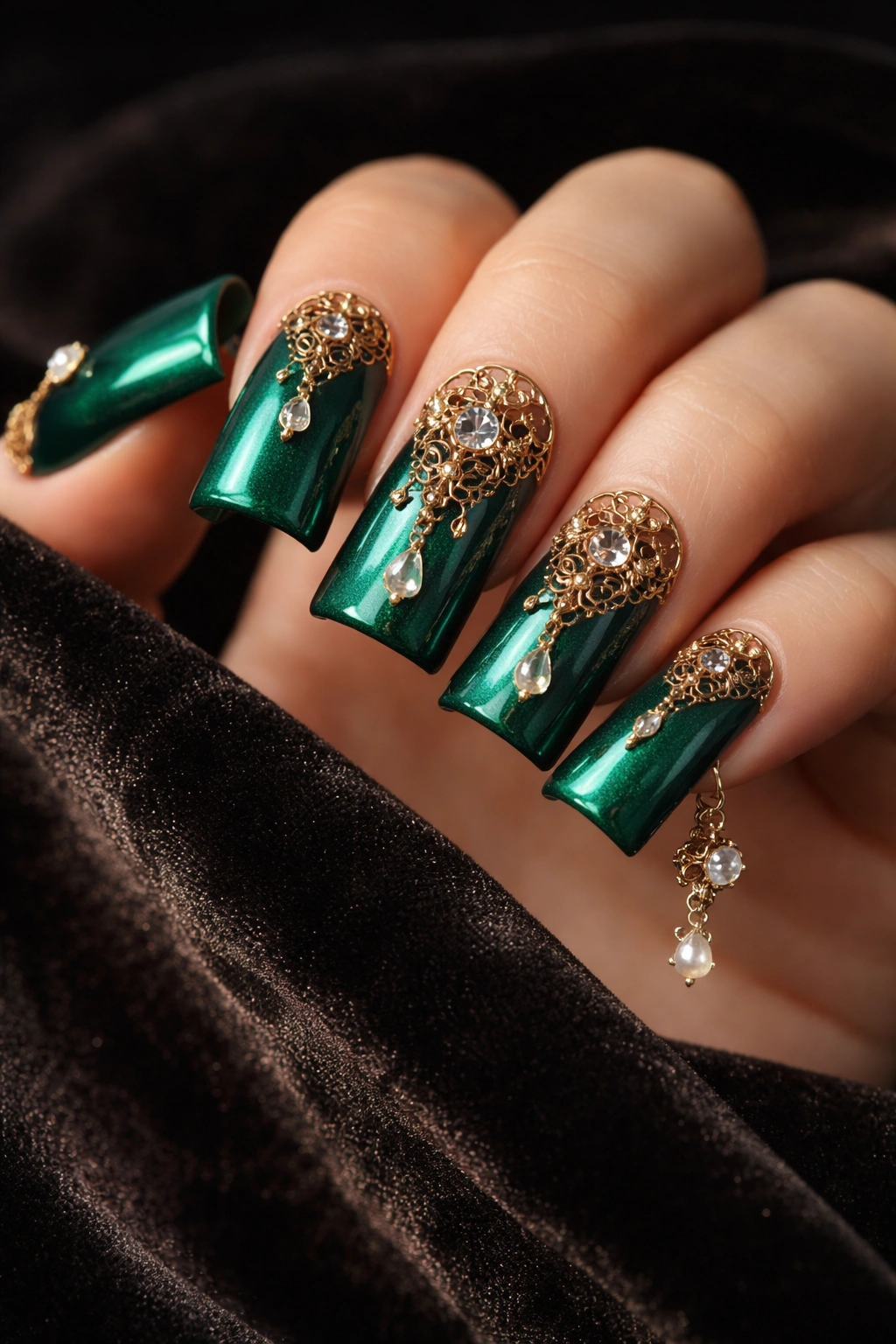 Close-up of deep emerald duck nails with gold filigree charms