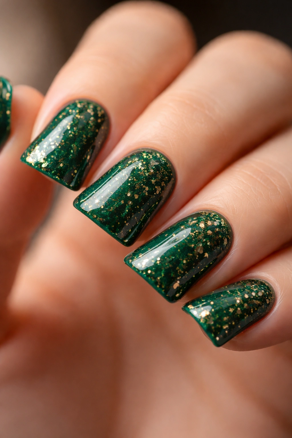 Emerald green duck nails with subtle gold flecks on short nails.